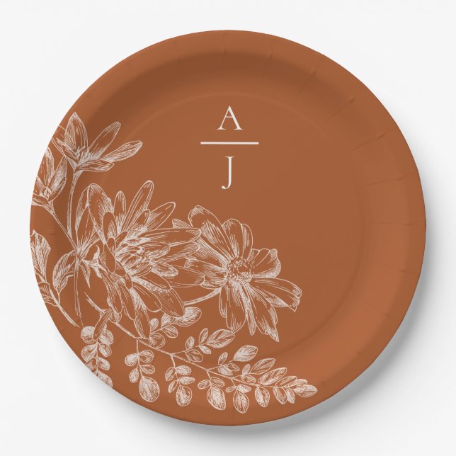 Modern Terra Cotta Monogram Floral Paper Plates (Front)