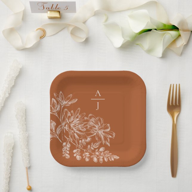 Modern Terra Cotta Monogram Floral Square Paper Plates (Wedding)