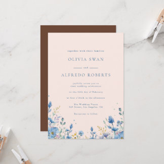 Modern Terracota Blue Floral Wedding Invitation