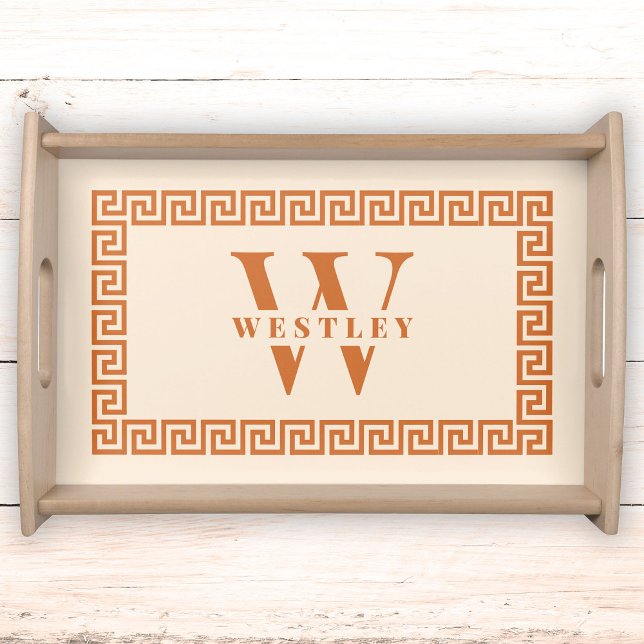 Modern Terracota Orange Greek Key Frame Monogram Serving Tray (Creator Uploaded)