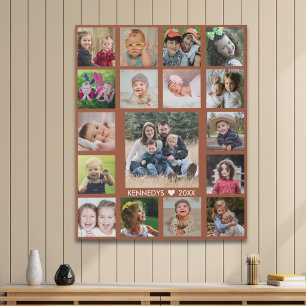 Modern Terracotta 17 Photo Collage Family Name Faux Canvas Print
