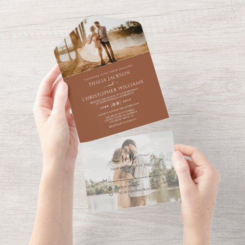 Modern Terracotta 2 Photo RSVP Wedding All In One Invitation