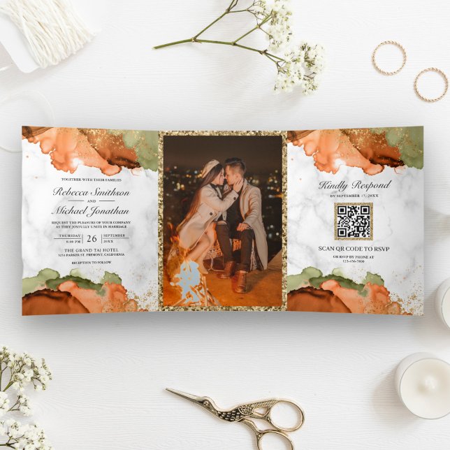 Modern Terracotta Abstract Ink QR Code Wedding Tri-Fold Invitation (Creator Uploaded)
