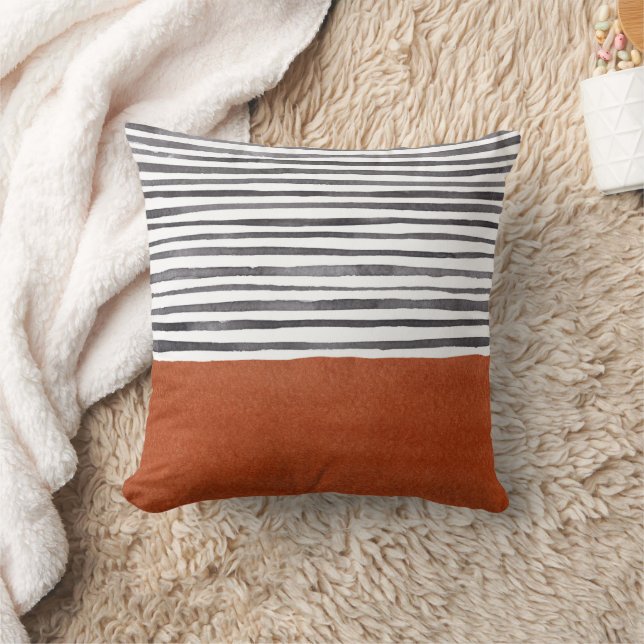 Modern Terracotta and Black Stripes  Throw Pillow (Blanket)