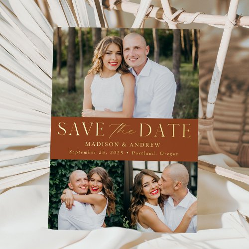 Modern Terracotta and Gold 3 Photo Save the Date Foil Invitation