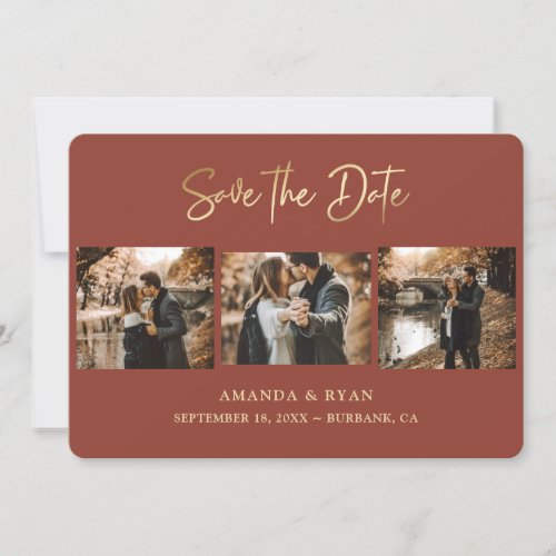 Modern Terracotta and Gold Foil Wedding 3 Photo Save The Date