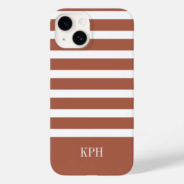 Modern Terracotta and White Stripe with Monogram  Case-Mate iPhone Case (Back)