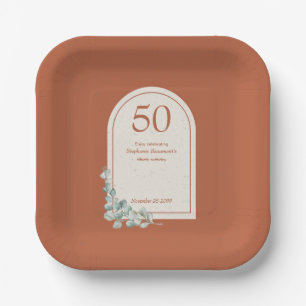 Modern Terracotta Arch Eucalyptus 50th Birthday Paper Plates