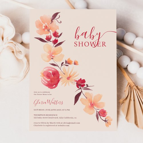 Modern terracotta beige flowers fall baby shower invitation