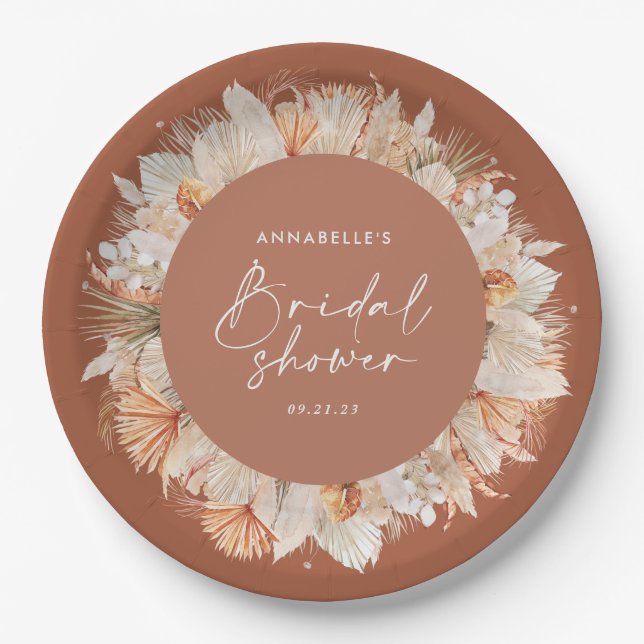 Modern terracotta bohemian pampas bridal shower paper plates (Front)