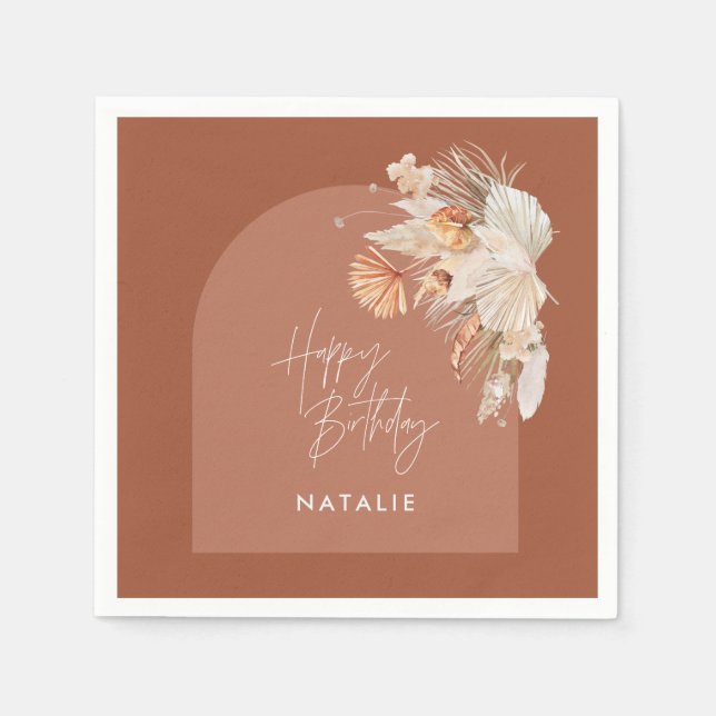 modern terracotta bohemian pampas grass birthday  napkins (Front)