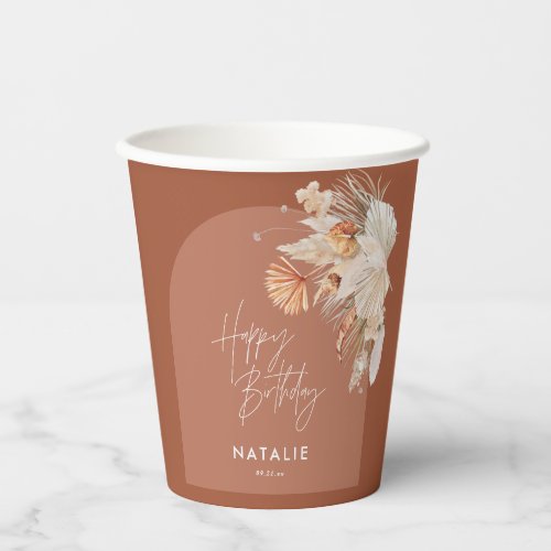 modern terracotta bohemian pampas grass birthday paper cups