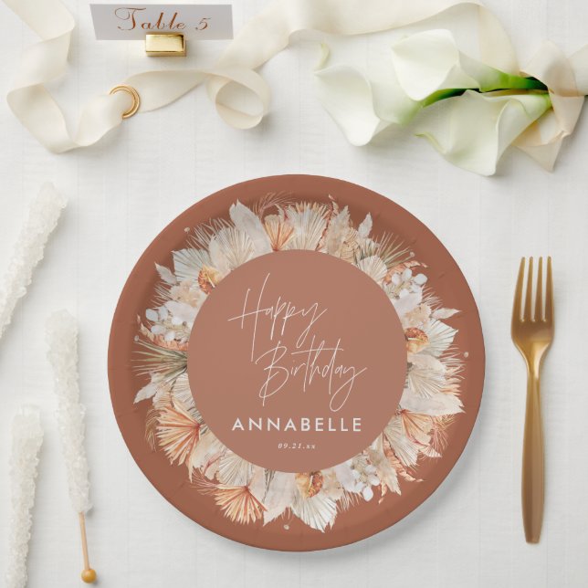 modern terracotta bohemian pampas grass birthday paper plates (Wedding)