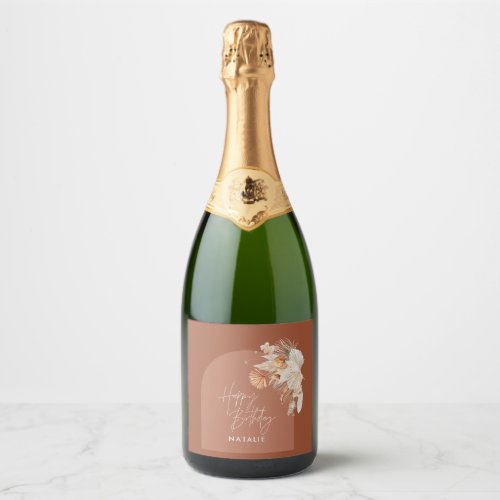 modern terracotta bohemian pampas grass birthday  sparkling wine label