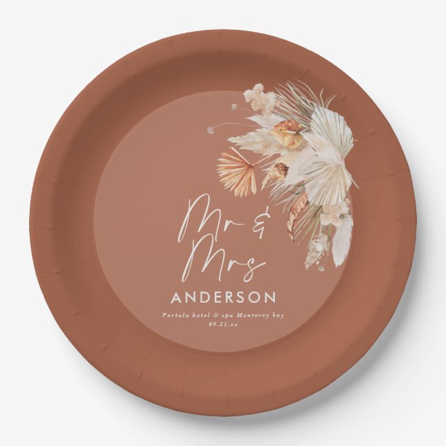 modern terracotta bohemian pampas grass Mr & Mrs Paper Plates (Front)