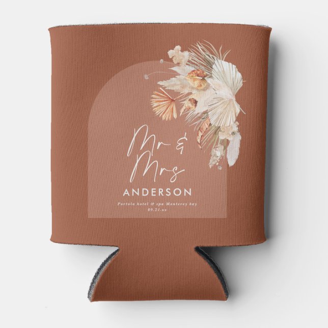 modern terracotta bohemian pampas grass wedding can cooler (Front)