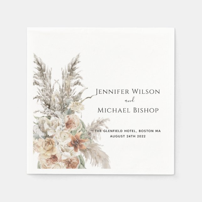 modern terracotta bohemian pampas grass wedding na napkins (Front)
