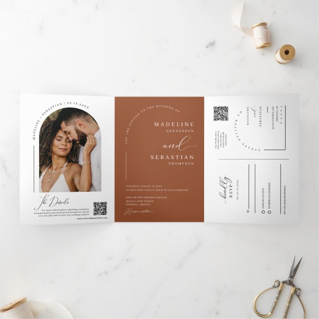 Modern Terracotta Boho Arch Photo QR Code Wedding Tri-Fold Invitation (Inside)