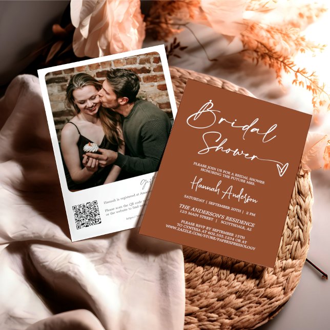 Modern Terracotta Boho Bridal Shower QR Code Photo Invitation (Creator Uploaded)