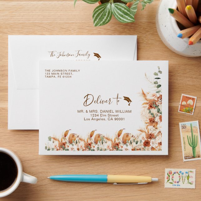 Modern Terracotta Boho Floral Script Graduation Envelope (Desk)