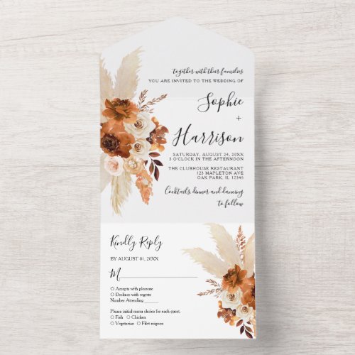 Modern Terracotta Boho Pampas Grass Wedding All In One Invitation