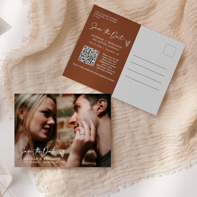Modern Terracotta Boho Save the Date QR Code Photo Postcard (Creator Uploaded)