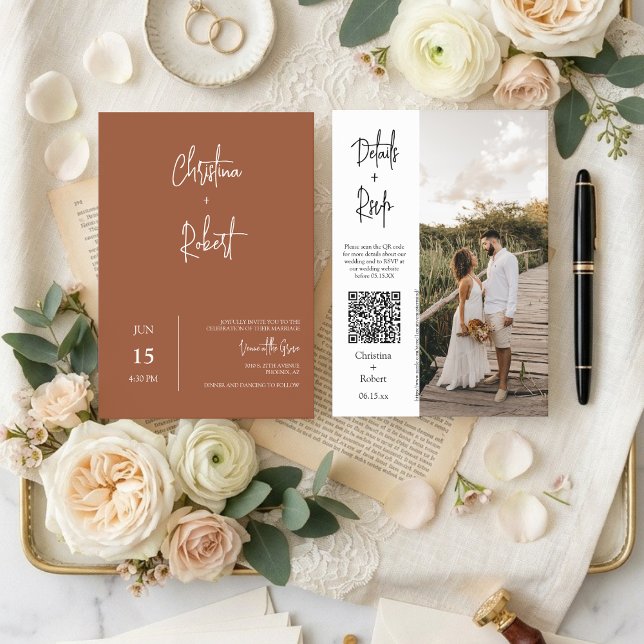 Modern Terracotta Boho Wedding Photo QR Code RSVP  Invitation (Creator Uploaded)