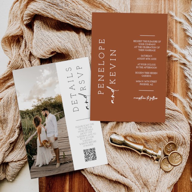 Modern Terracotta Boho Wedding Photo QR Code RSVP Invitation (Creator Uploaded)
