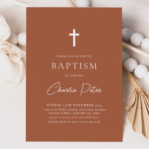 Modern Terracotta Boys Cross Christening Baptism   Invitation