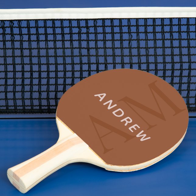 Modern Terracotta Brown Monogram and Name Ping Pong Paddle (Insitu)
