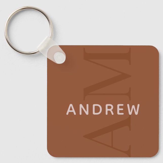 Modern Terracotta Brown Monogram with Name Keychain (Front)