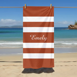 Modern Terracotta Brown Striped Name Beach Towel