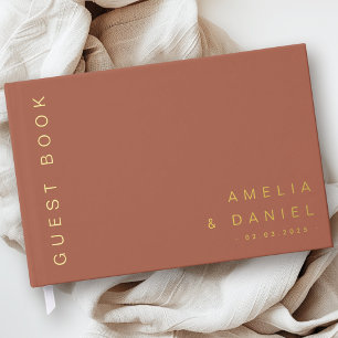 Modern terracotta brown wedding names date foil guest book 