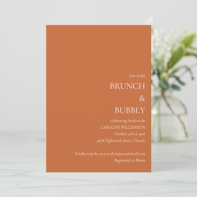 Modern Terracotta Brunch Bubbly Bridal Shower Invitation (Standing Front)
