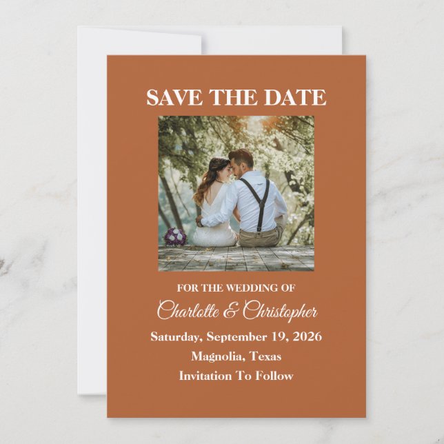 Modern Terracotta Brunt Orange Fall Wedding Save The Date (Front)