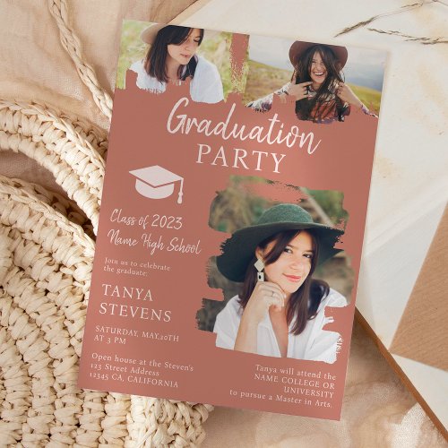 Modern terracotta Brushstroke 3 photos graduation Invitation