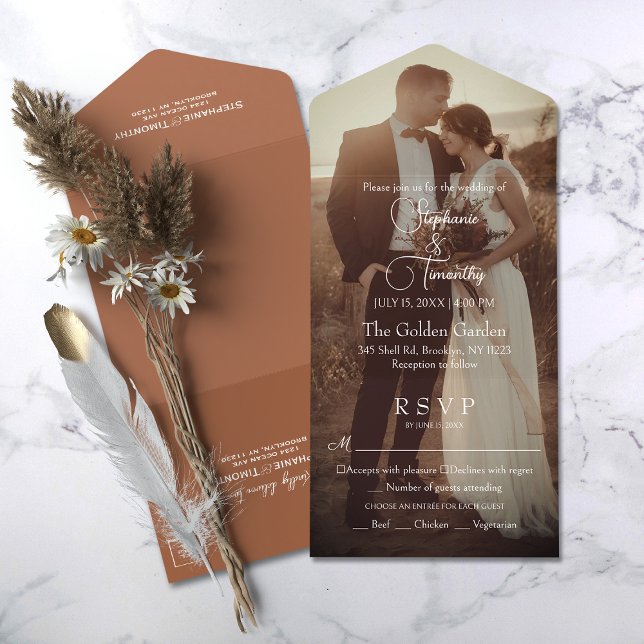 Modern Terracotta | Burnt Orange Photo Wedding All In One Invitation (Simplify your wedding with our all-in-one invitation – convenience and beauty in a single card.)