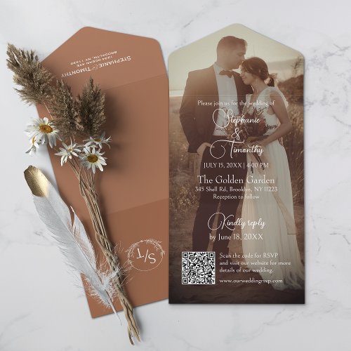 Modern Terracotta  Burnt Orange Photo Wedding All In One Invitation