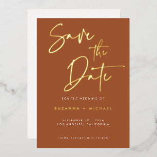 Modern Terracotta Calligraphy Wedding Save Date Foil Invitation