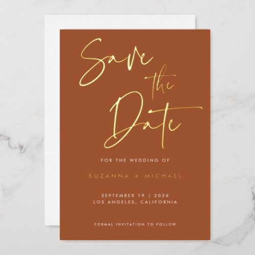 Modern Terracotta Calligraphy Wedding Save Date Foil Invitation