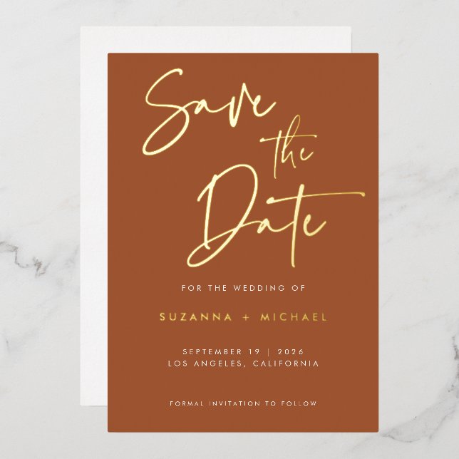 Modern Terracotta Calligraphy Wedding Save Date Foil Invitation (Front/Back)