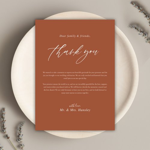 Modern Terracotta Calligraphy Wedding Thank You Card