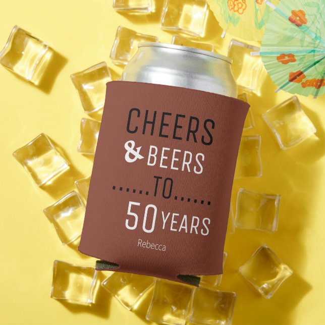Modern Terracotta Cheers & Beers 50th Birthday Can Cooler (In Situ Summer)