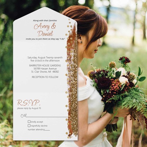 Modern Terracotta Coppery Gold Sparkle Wedding All In One Invitation