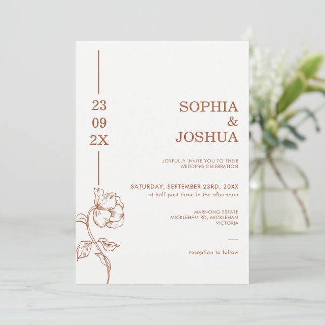 Modern Terracotta Date Line Art Floral Wedding  Invitation (Standing Front)