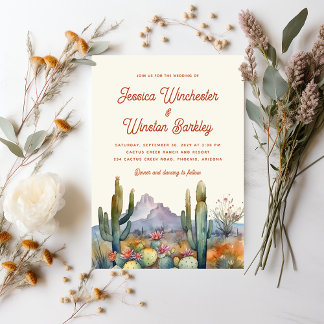 Modern Terracotta Desert Cactus Landscape Wedding Invitation