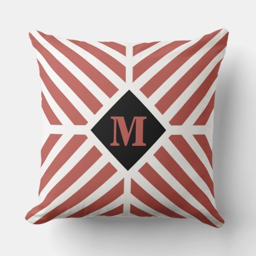 Modern Terracotta Diagonal Stripes Monogram Throw Pillow