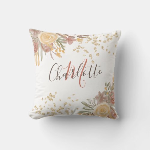 Modern terracotta floral gold chic mongrammed throw pillow