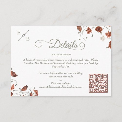 Modern Terracotta Floral Monogram Wedding Details Enclosure Card