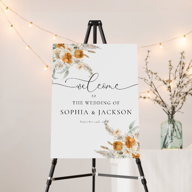 Modern Terracotta Floral Wedding Welcome Sign (In Situ (Stand))